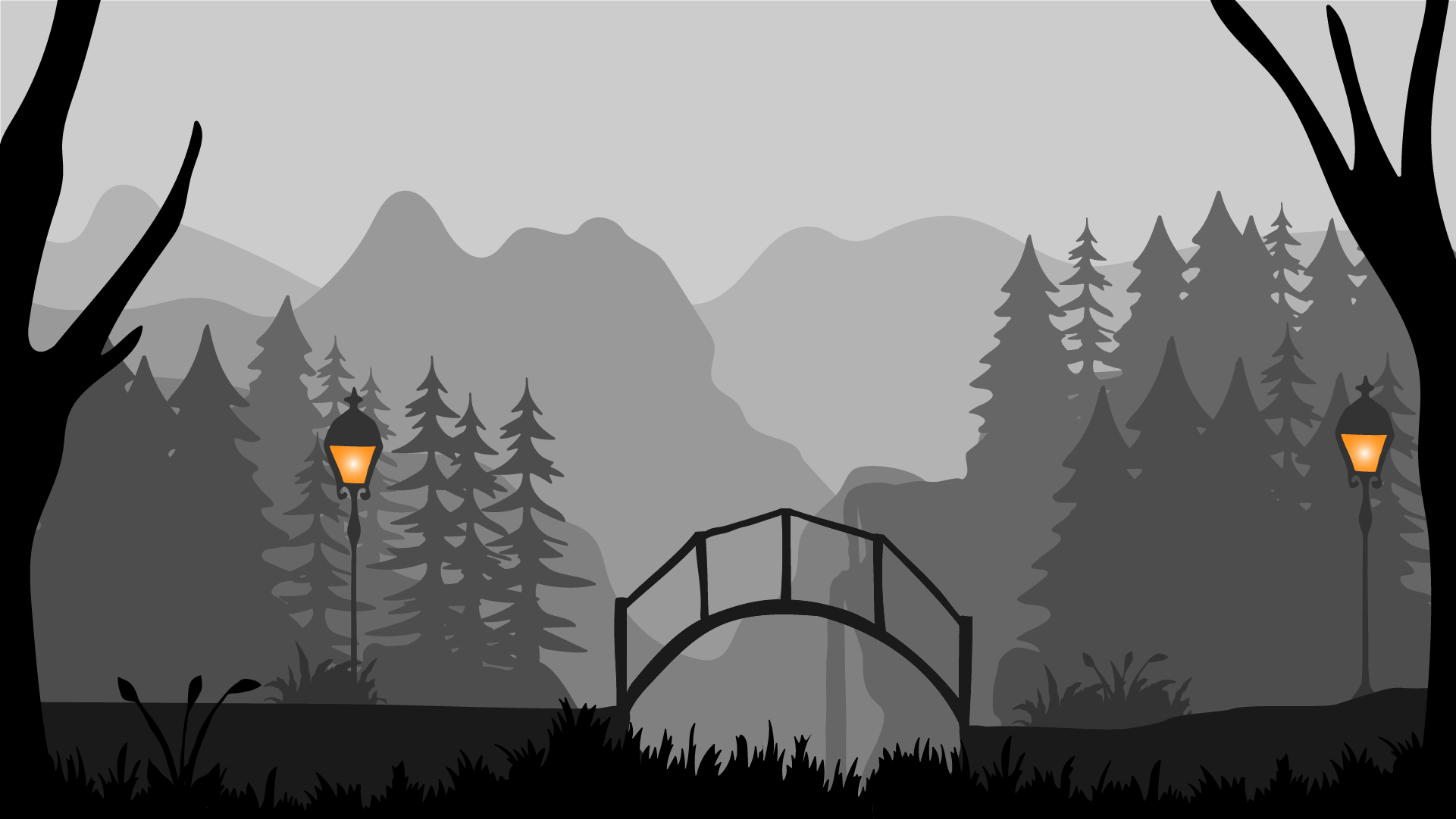 Illustration einer kleinen Brücke mit Laternen, sowie Bäumen und Berge im Hintergrund / Illustration of a small bridge with laterns, as well as trees and mountains in the background