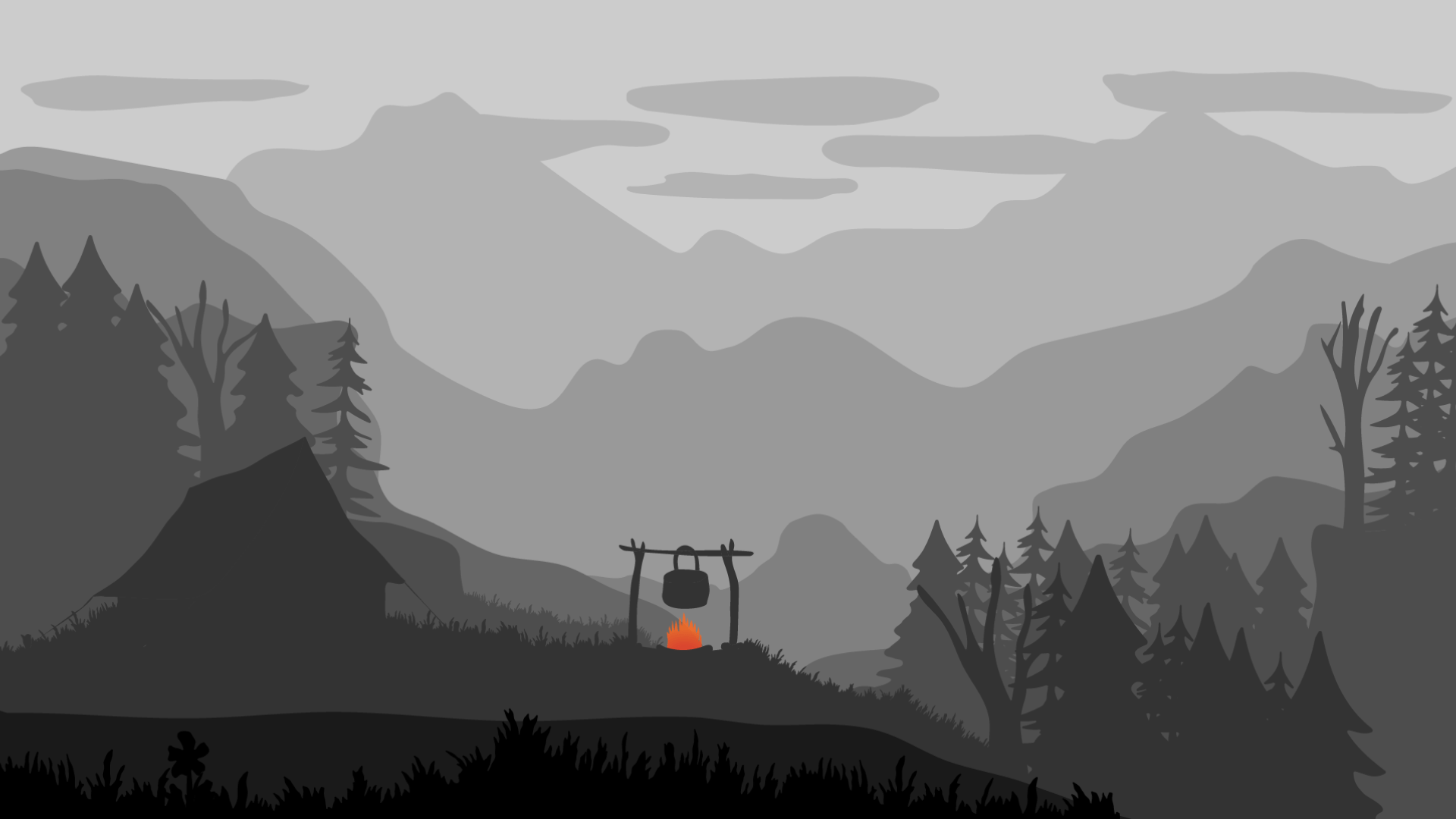 Illustration eines Zelts mit Lagerfeuer / Illustration of a tent and a campfire