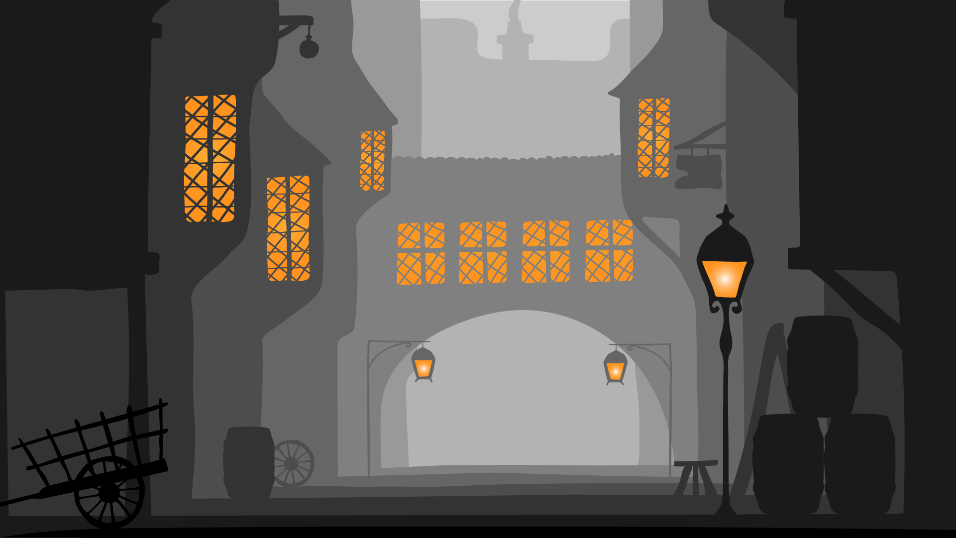 Illustration einer Straße in einer mittelalterlichen Stadt / Illustration of a street inside of a medieval town