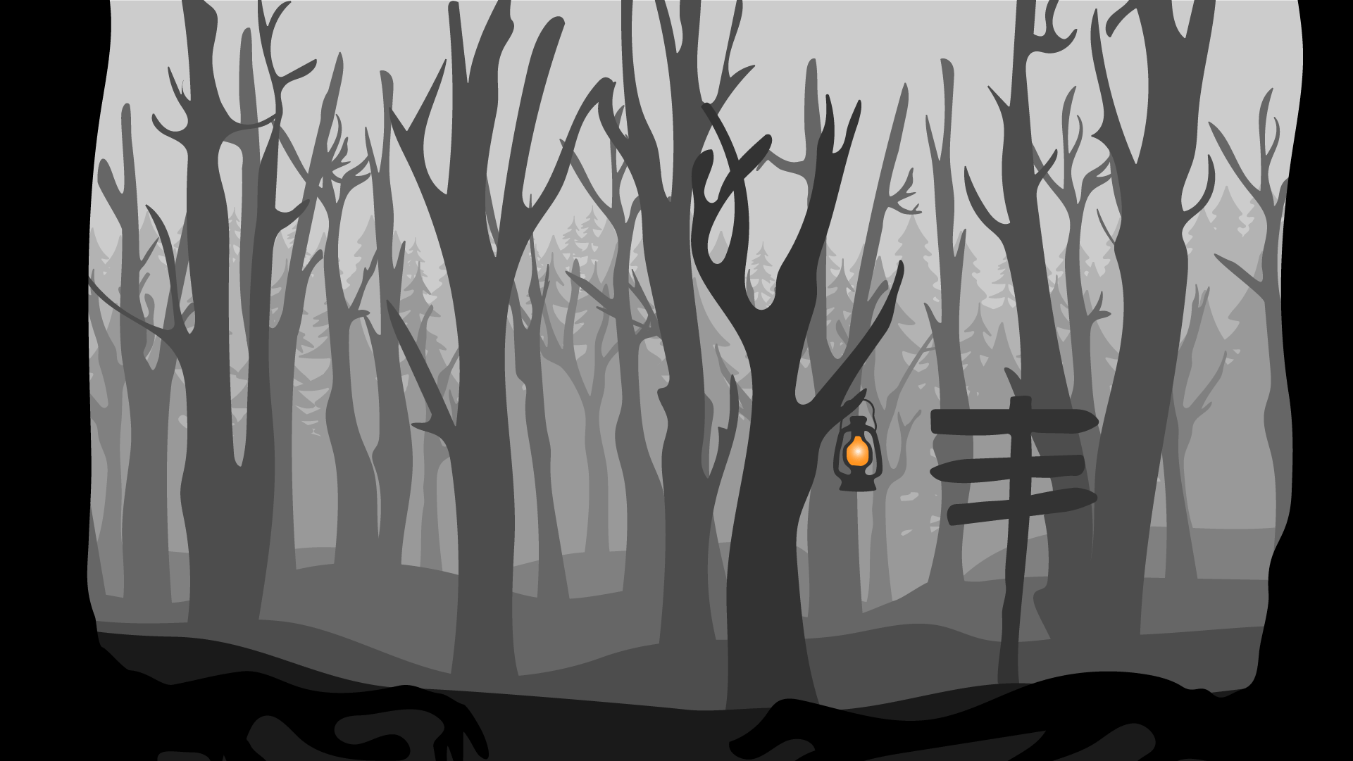 Illustration eines Waldes mit einem Wegweiser / Illustration of a forest with a signpost