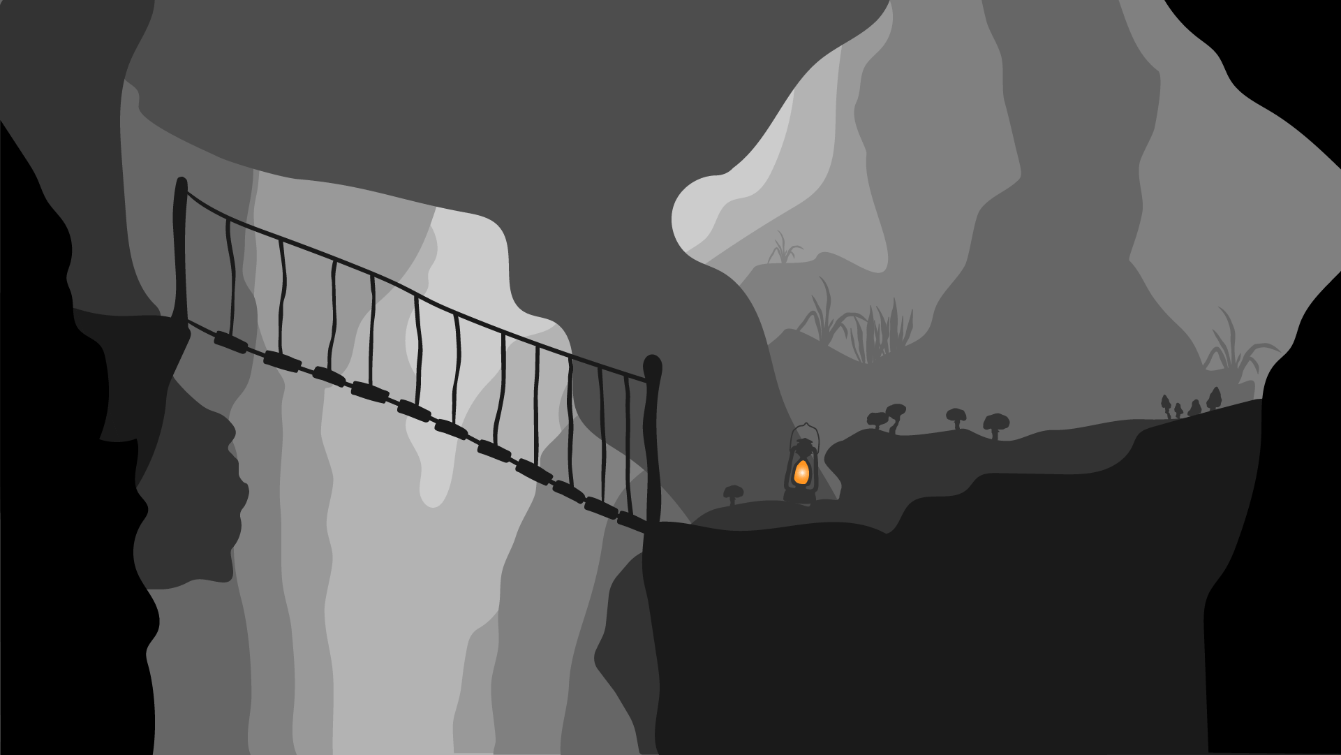 Illustration einer Brücke in eine Höhle in Grautönen / Illustration of a bridge inside a cave in shades of grey