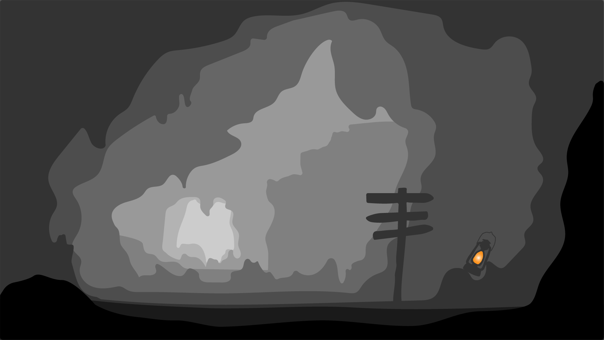 Illustration einer Höhle mit einem Wegweiser / Illustration of a cave with a signpost