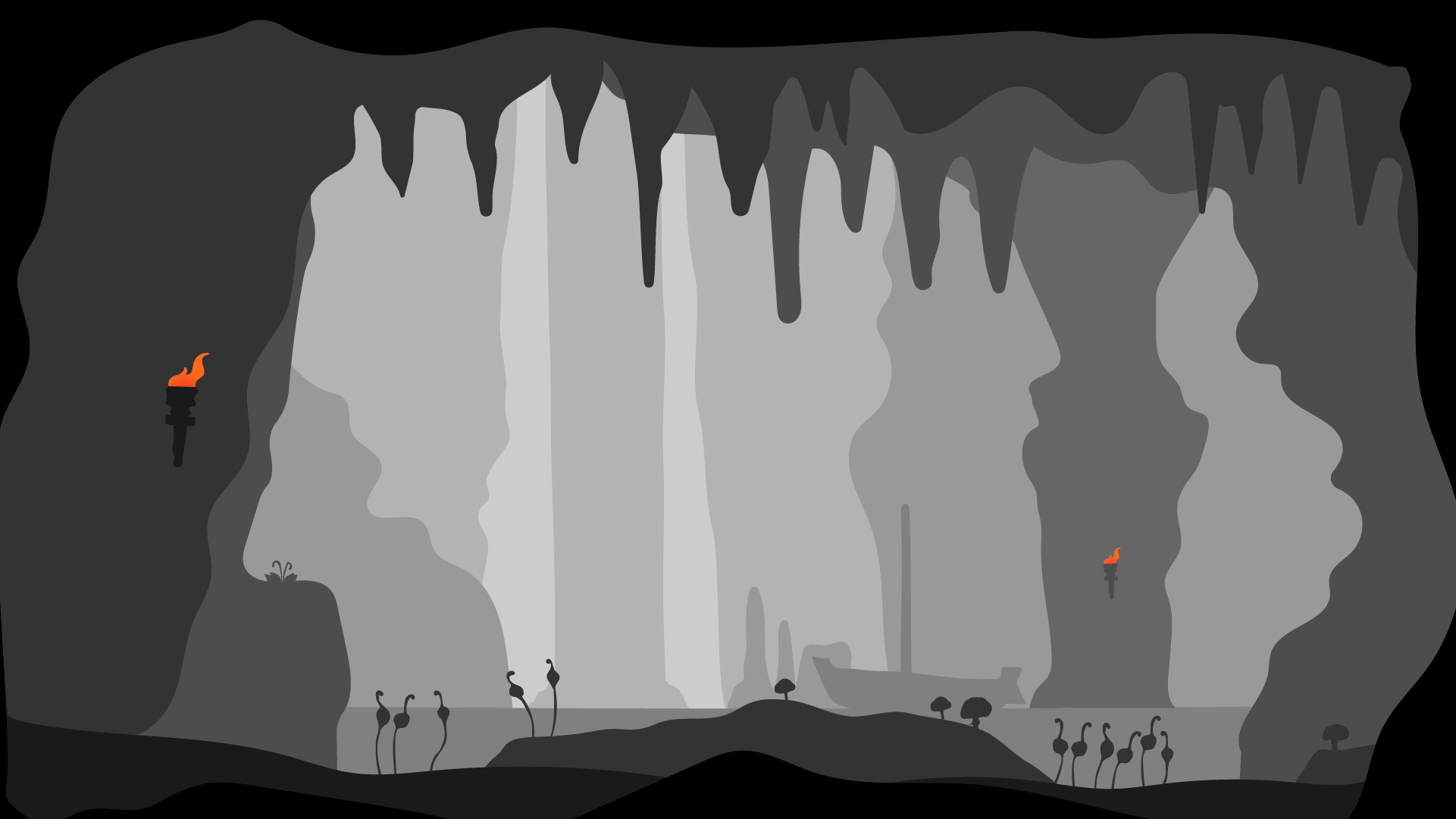 Illustration einer Tropfsteinhöhle mit See / Illustration of a stalactite cave with a lake