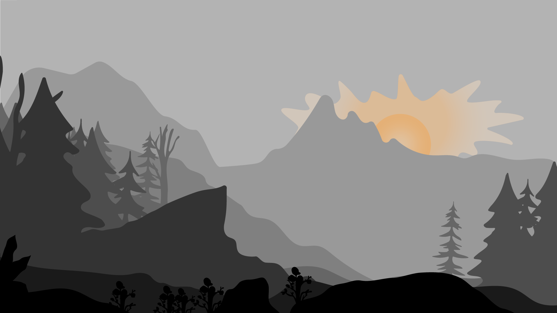 Illustration eines Fels und der untergehenden Sonne hinter einem Berg / Illustration of a rock and the stetting sun behind a mountain