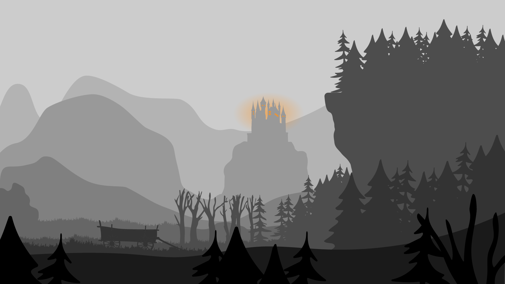Illustration eines Sees mit Bergen und einer Burg im Hintergrund / Illustration of a lake with mountains and a castle in the background
