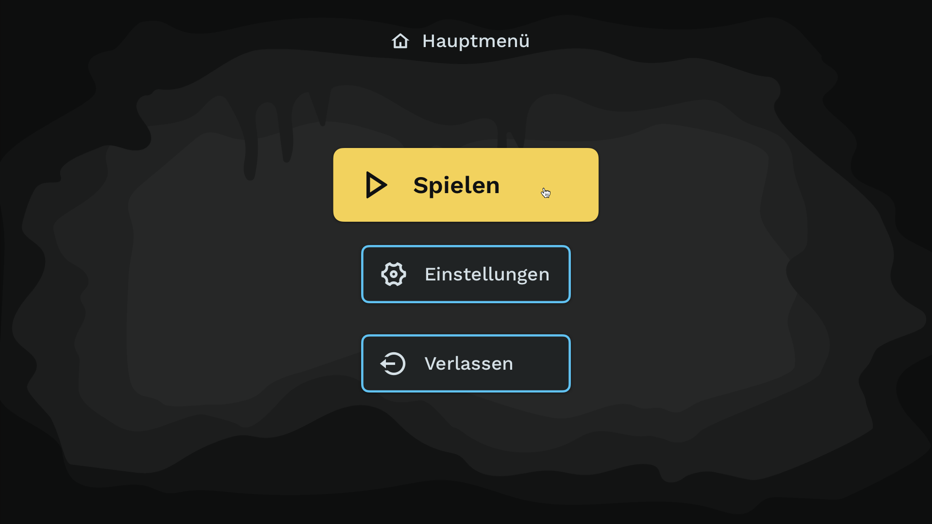 Hauptmenü des Spiels mit zwei Buttons und einem gelb hervorgehobenen / Main menu of the game with two buttons and one highlighted in yellow