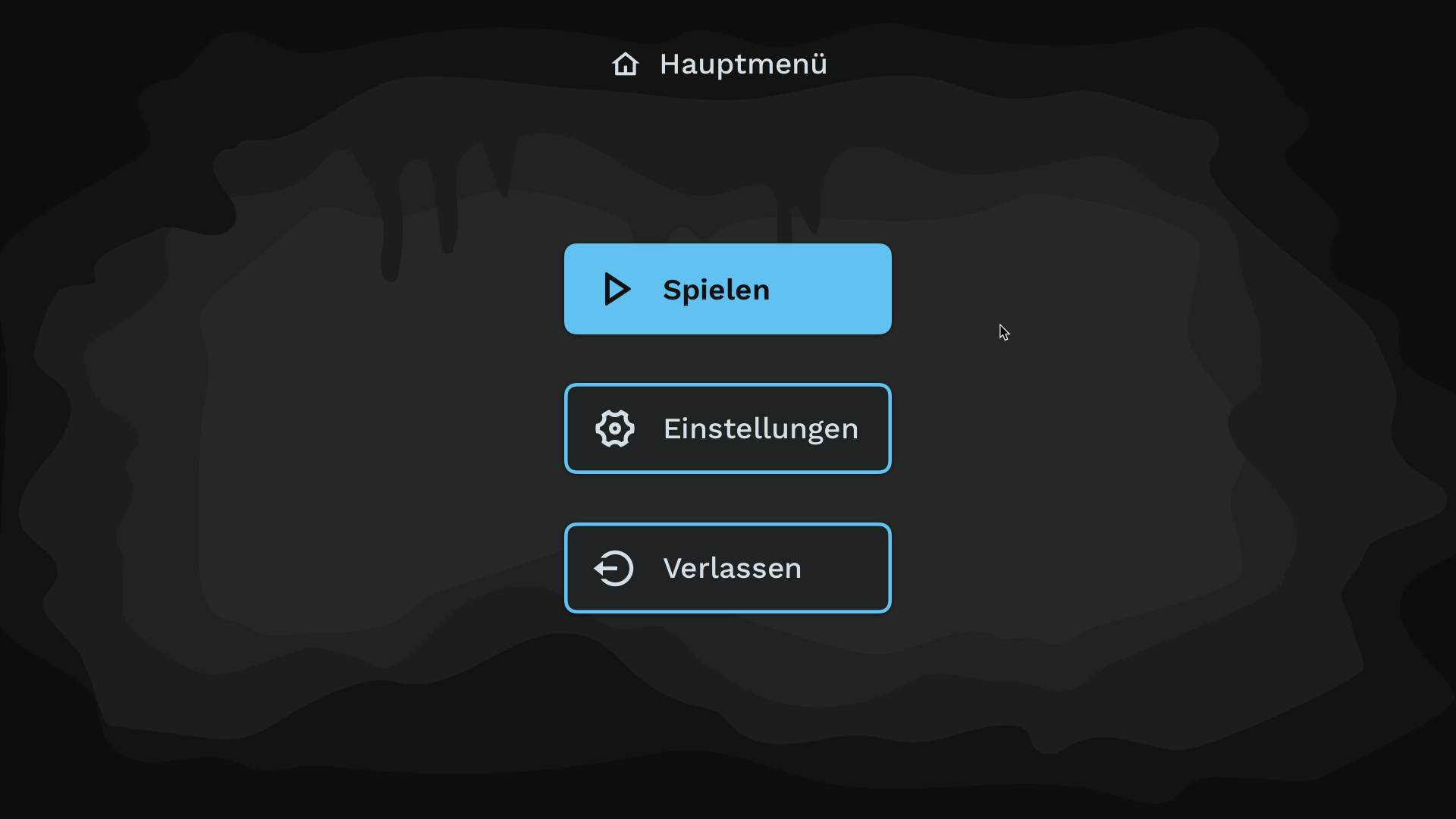 Hauptmenü des Spiels mit drei Buttons / Main menu of the game with three buttons