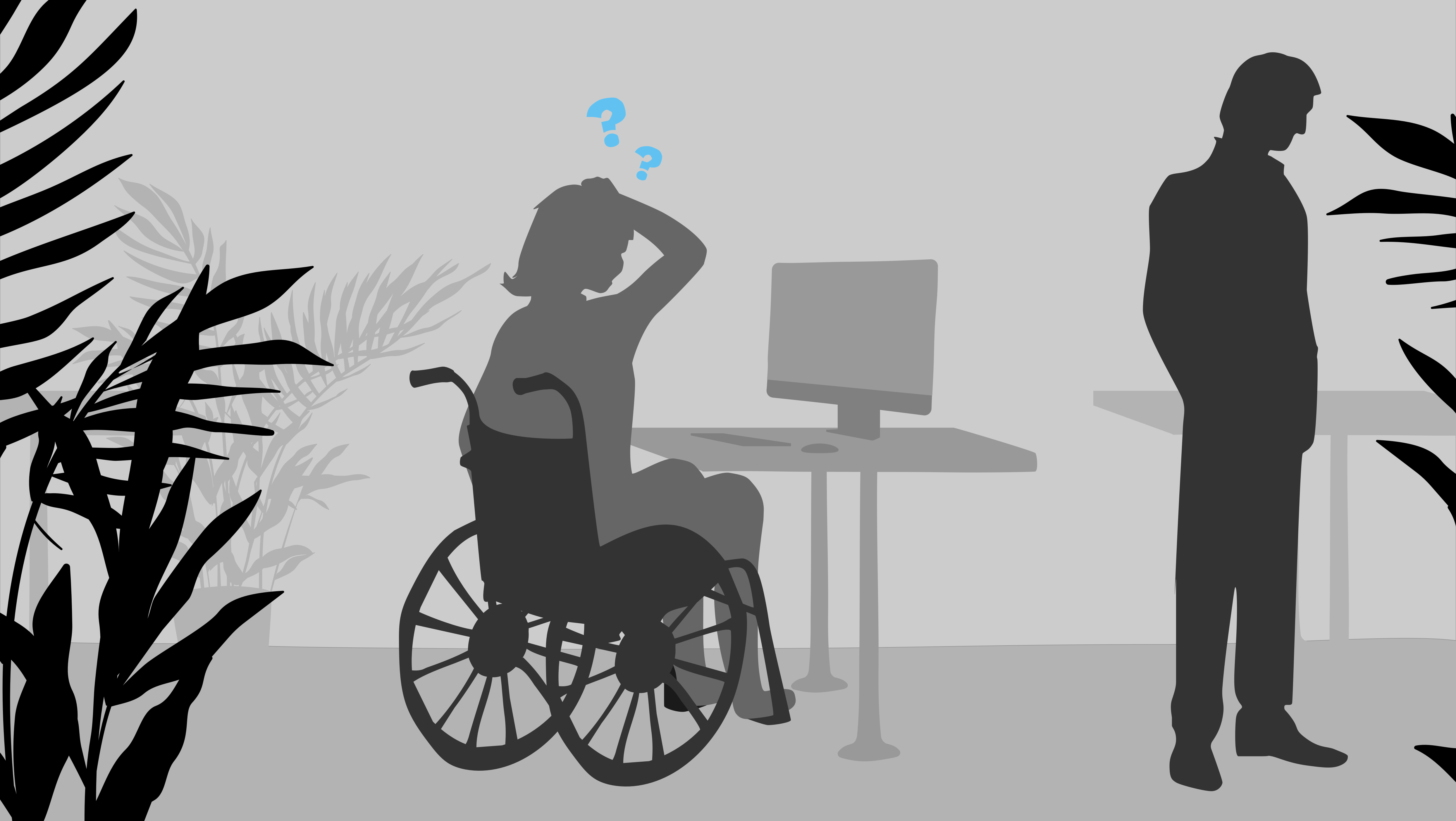Illustration einer Person im Rollstuhl, mit Fragezeichen über ihrem Kopf / Illustration of a person in a wheelchair with question marks over the head