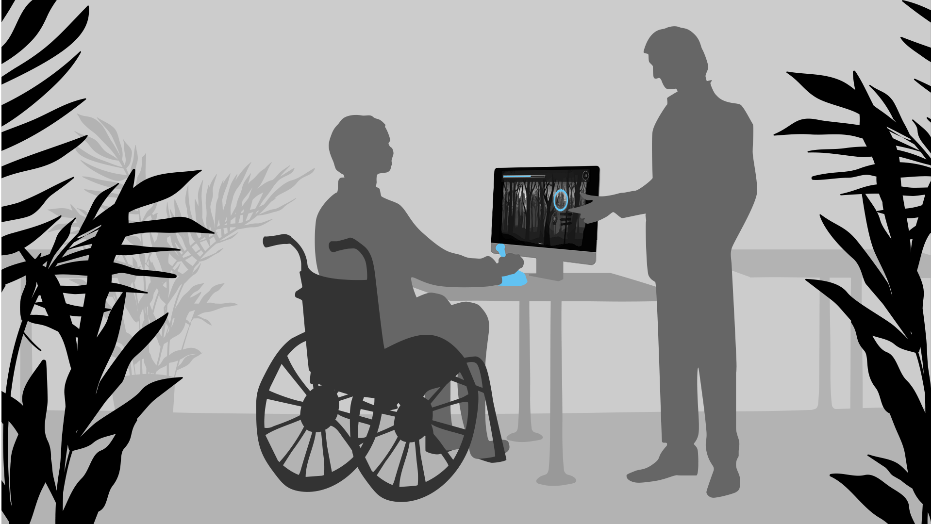 Illustration einer Person im Rollstuhl vor einem Computer, die einen Joystick hält / Illustration of a person in a wheelchair in front of a computer, holding a joystick