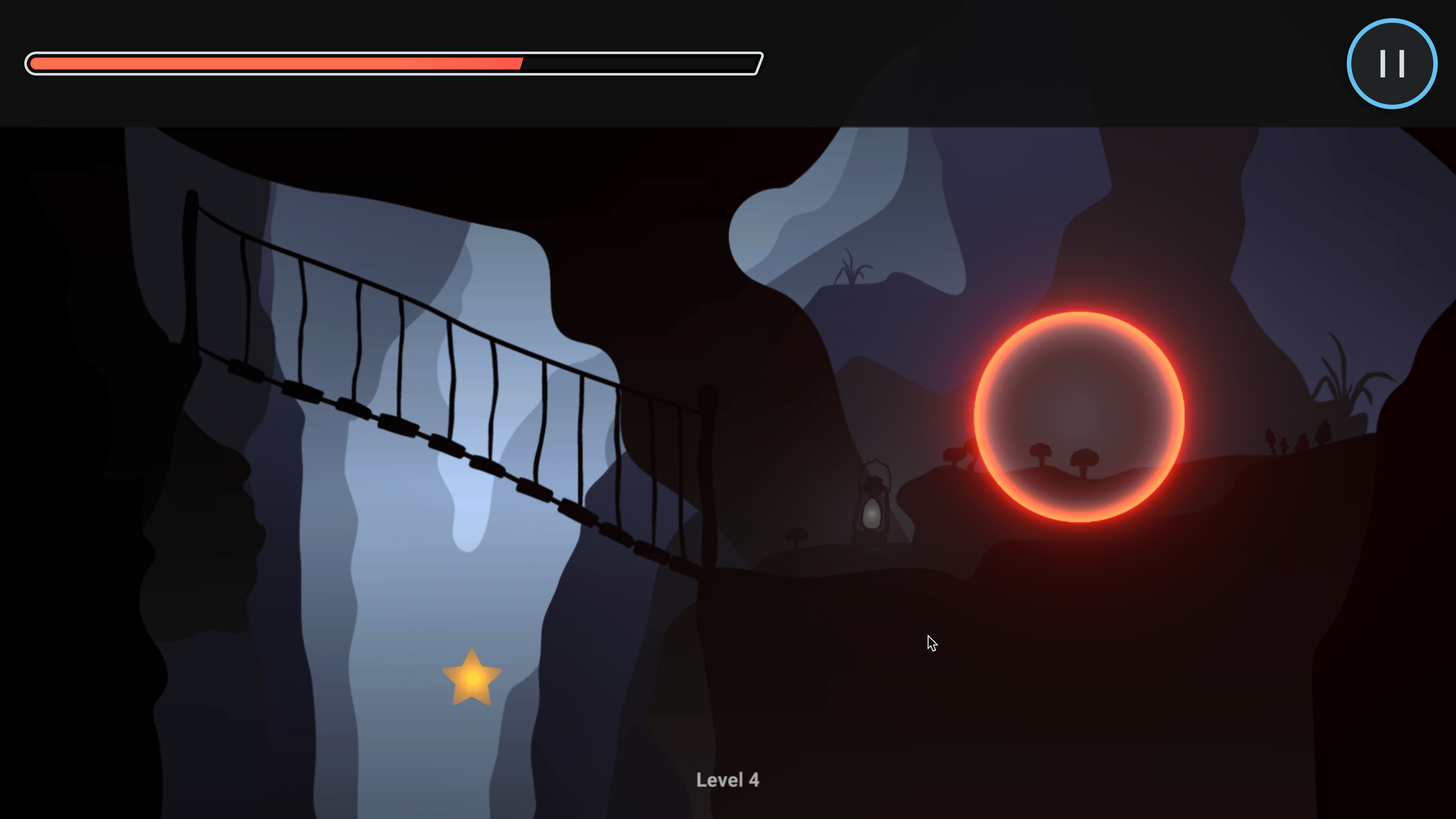 Leuchtender Kreis in einer illustrierten Höhle, sowie eine Anzeige und ein Pause-Button / Glowing circle inside of illustrated cave, as well as an indicator and a pause button