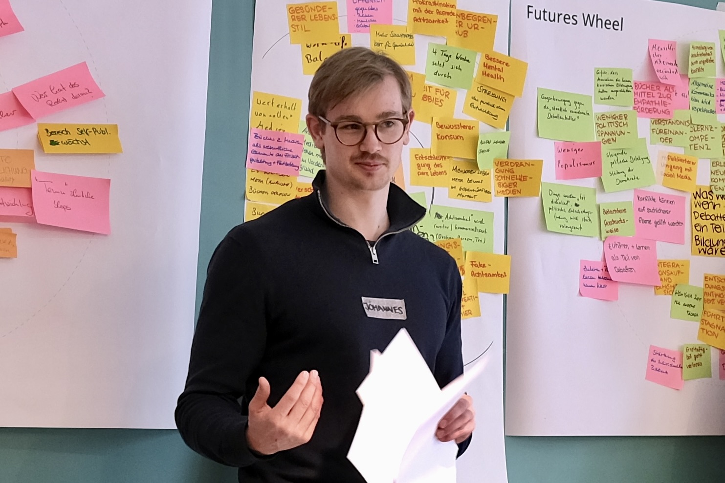 Johannes Held bei einer Workshop-Präsentation vor einem Futures Wheel aus Post-its