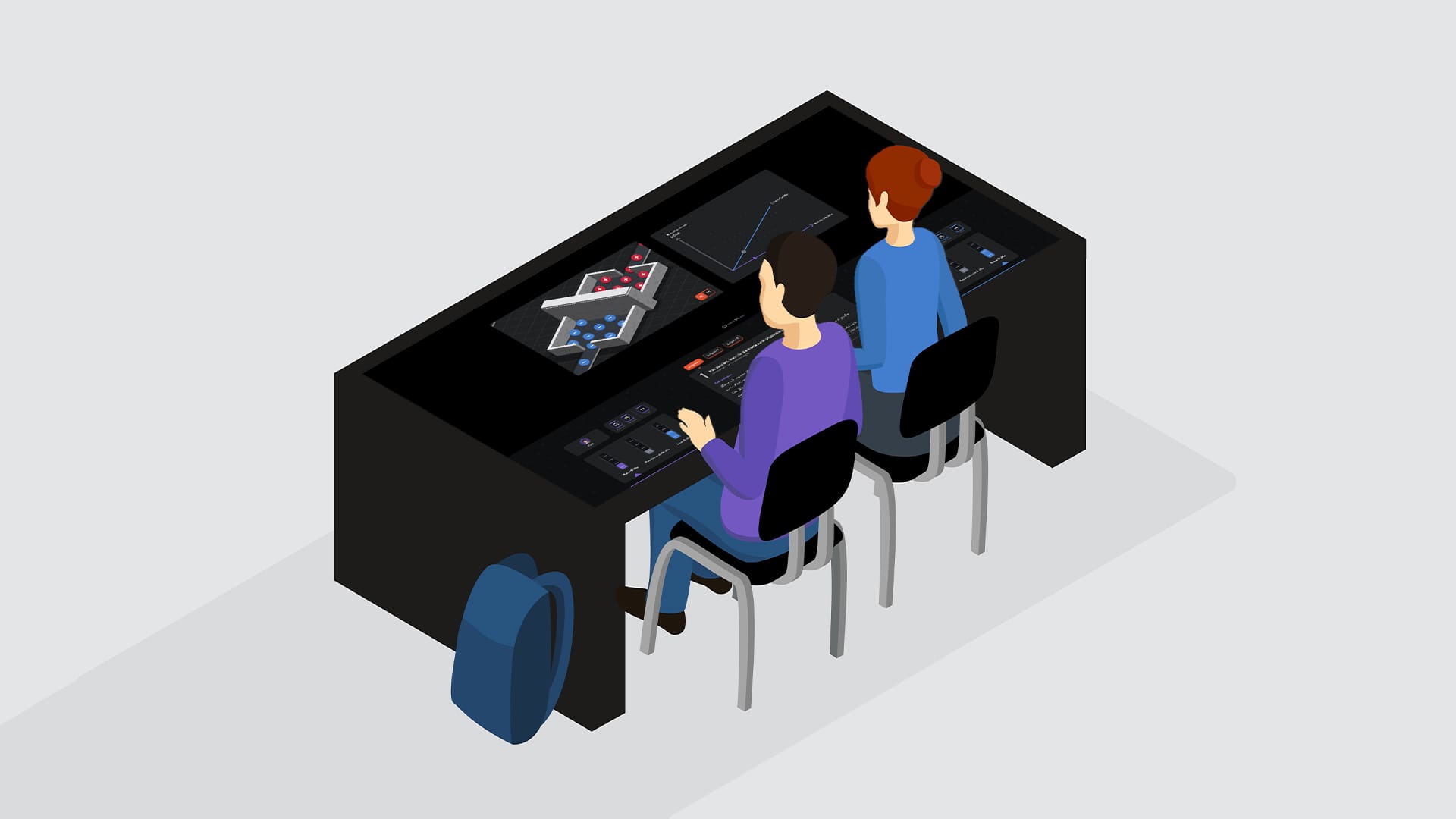Illustration von zwei Schüler:innen, die an einem digitalen Tisch sitzen / Illustration of two students sitting on a digital desk